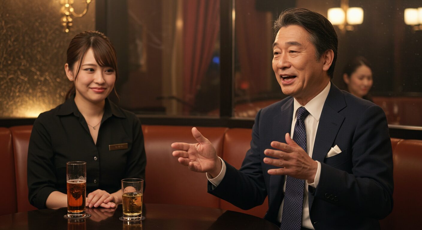 キャバクラで武勇伝を語り続ける中年男性客と、相槌で対応する女性キャストの接客シーン