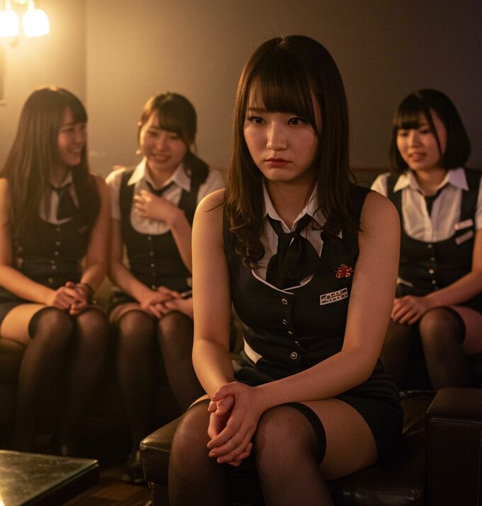 女性グループと距離を取る若い女性の