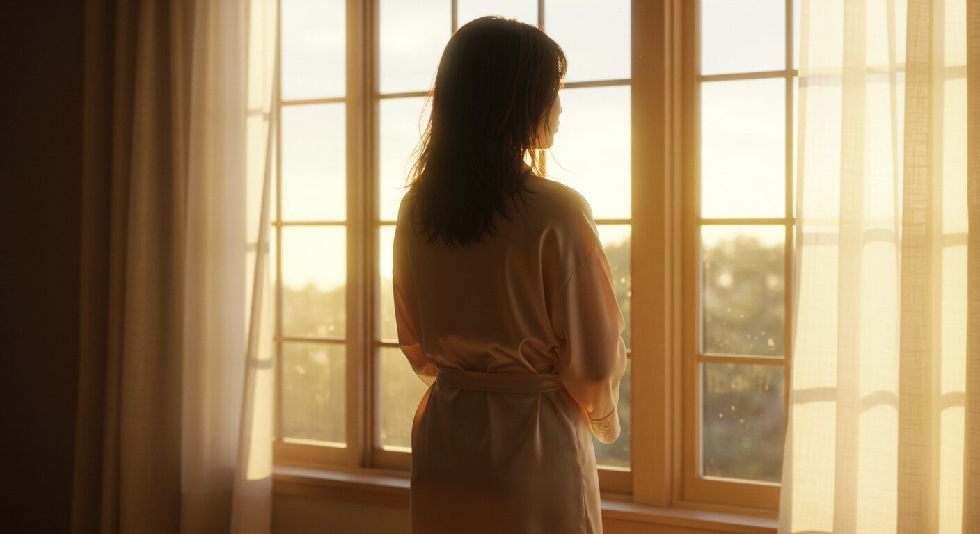 窓辺で朝日を見つめる女性