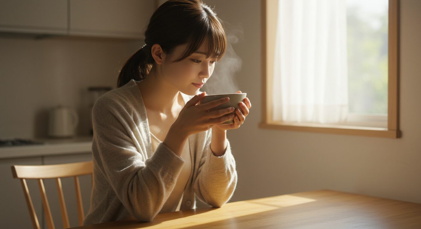 夜勤明けに温かいスープを飲む女性