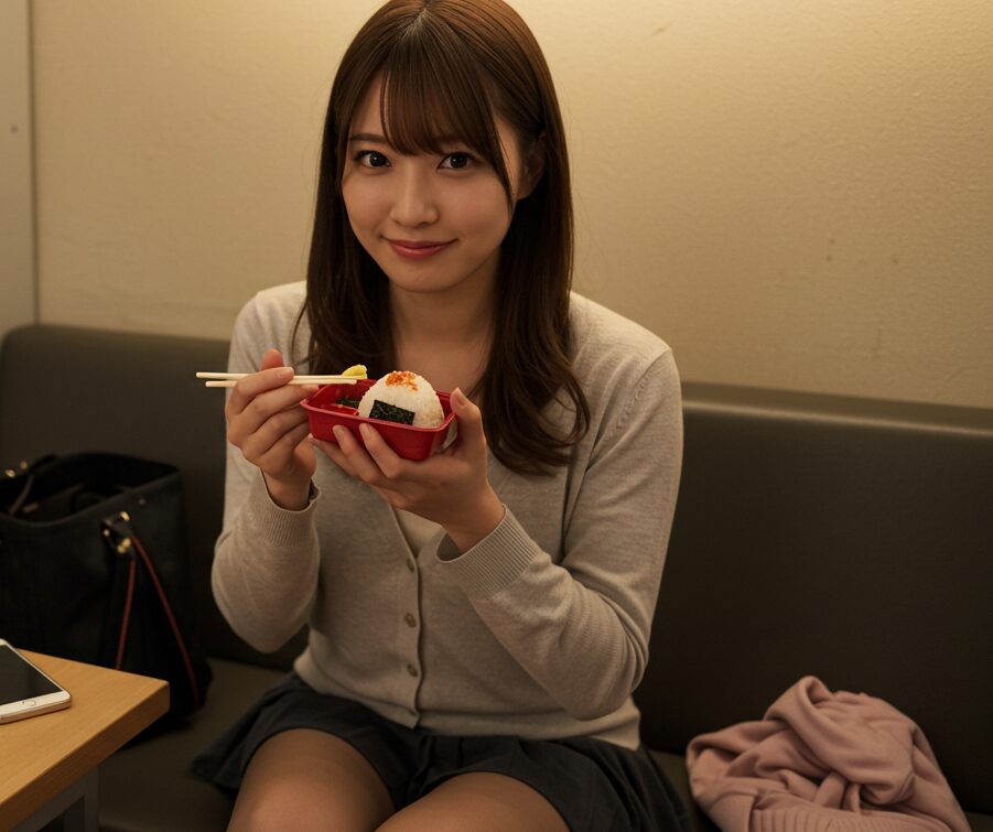 控室で軽食をとる女性