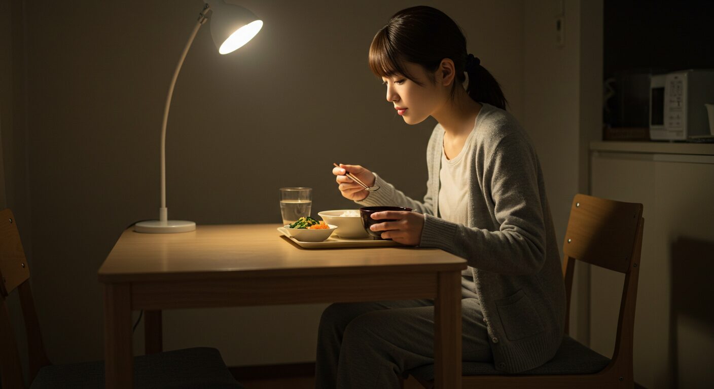夜勤前にバランスよく食事をとる女性