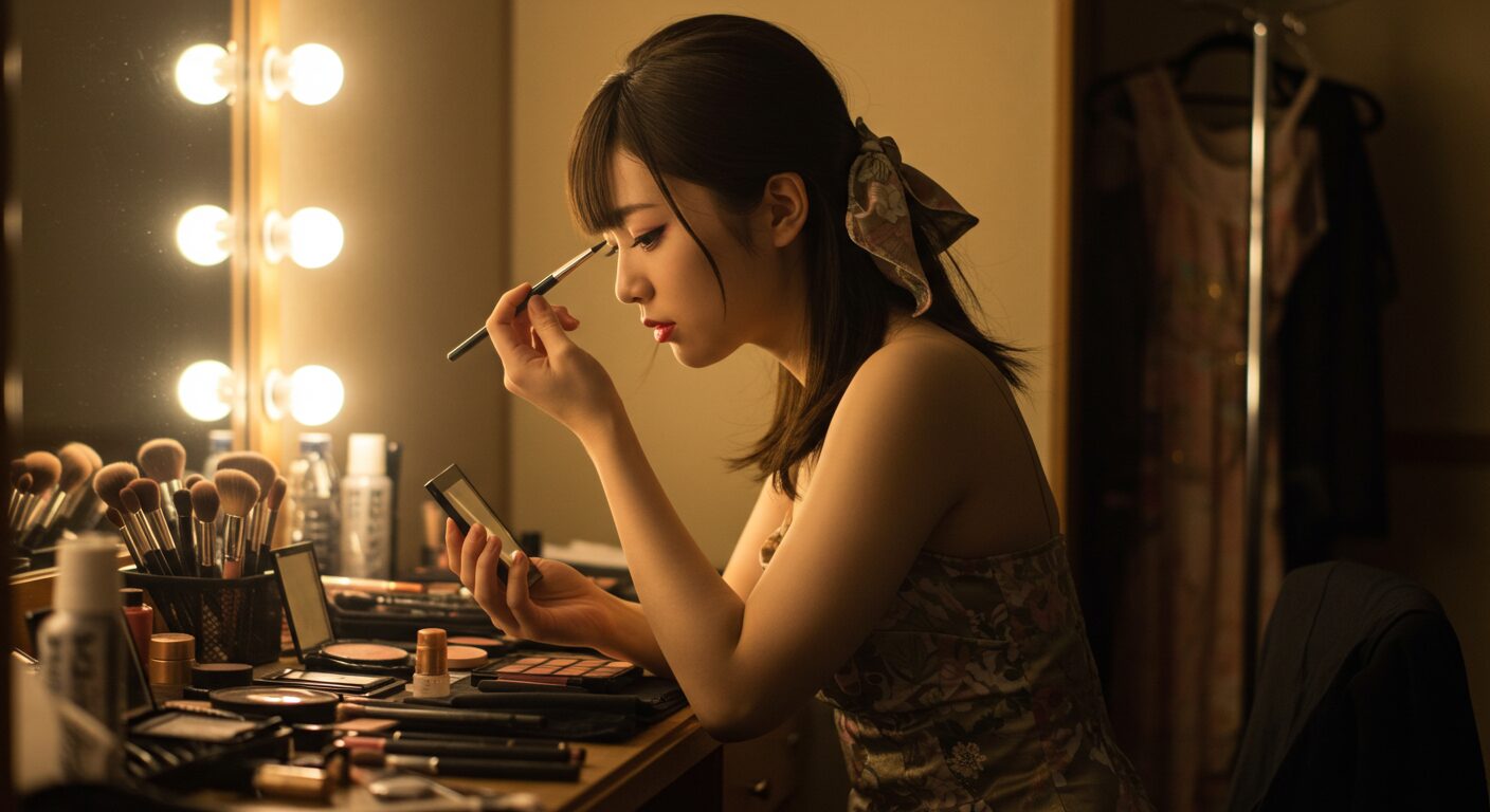 不安な気持ちでメイクアップ中の女性