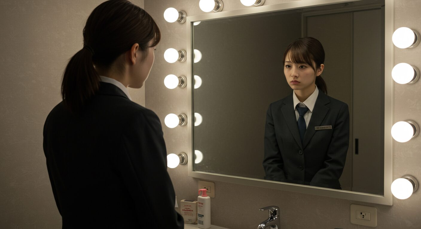 鏡を見つめる疲れた女性