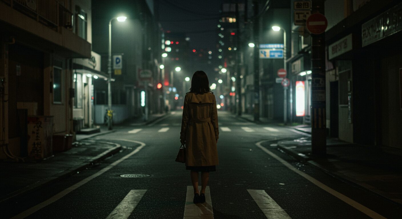 分かれ道に立つ女性の後ろ姿