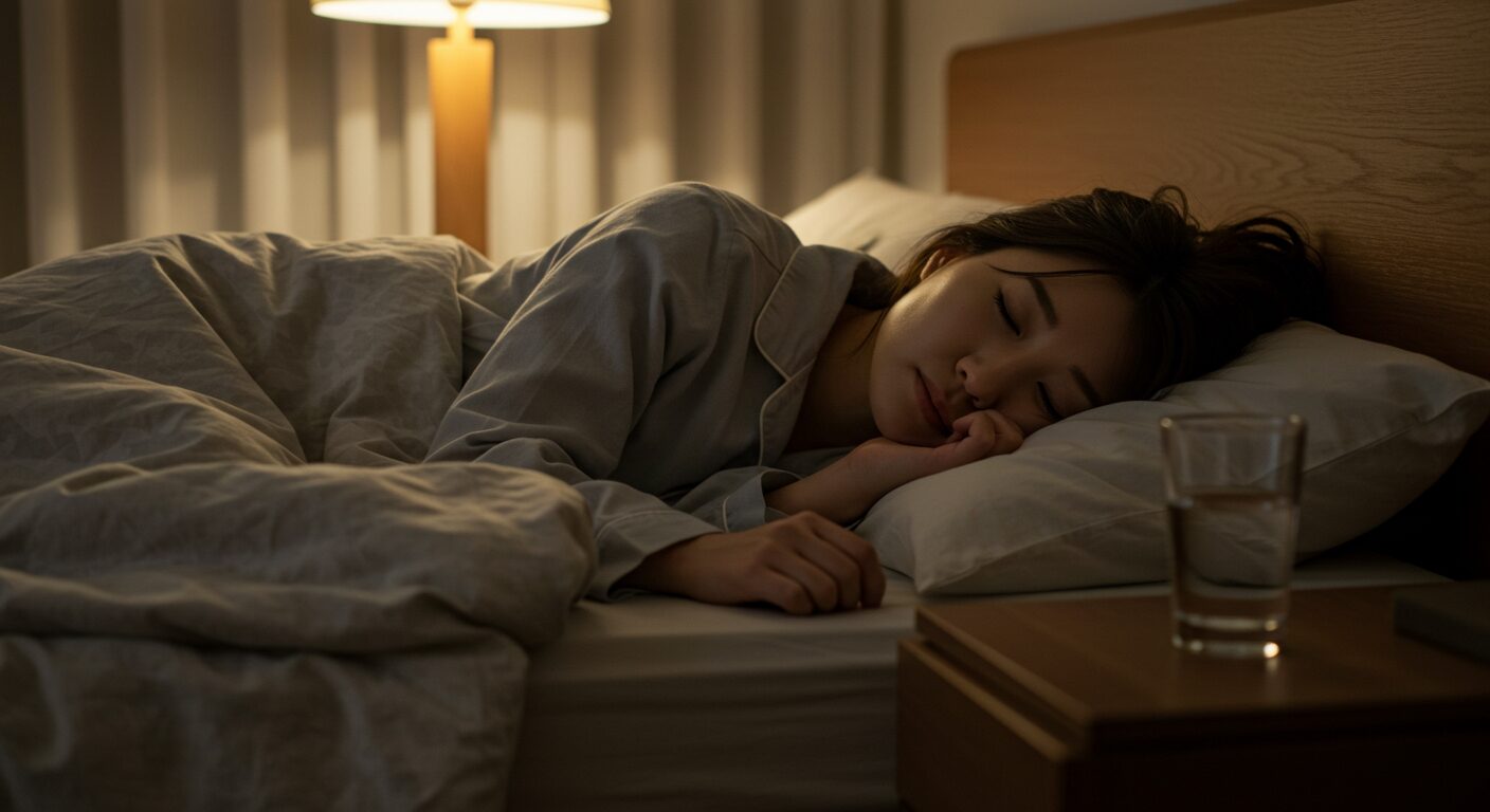 ナイトワーク明けにリラックスして眠る女性。睡眠の質を高めるための習慣改善イメージ