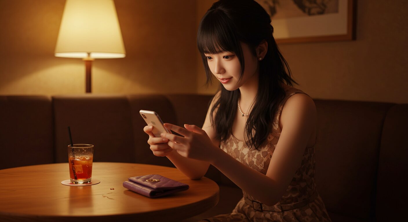 スマホでLINEを送るホステス