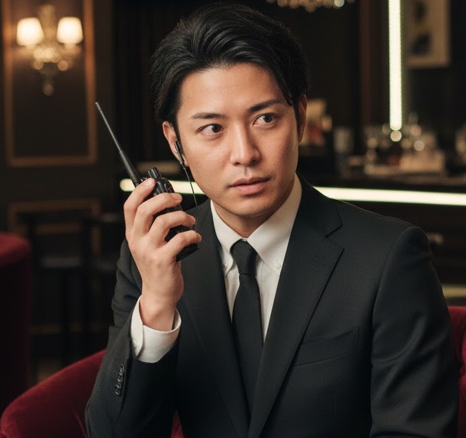 インカムで指示を出す黒服