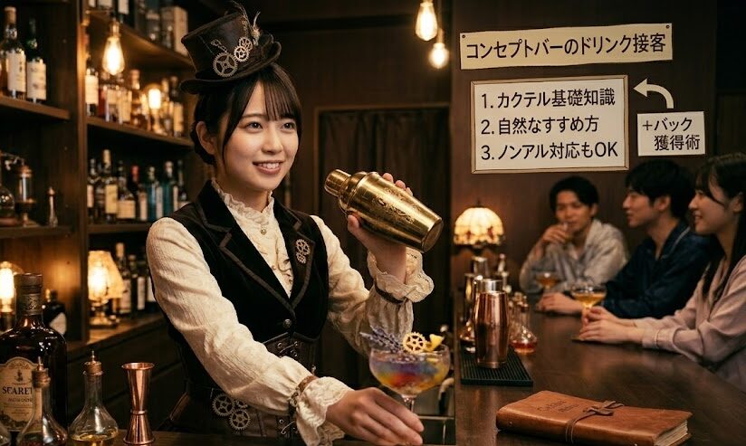 コンセプトバーのカウンターでドリンクを提供するキャスト