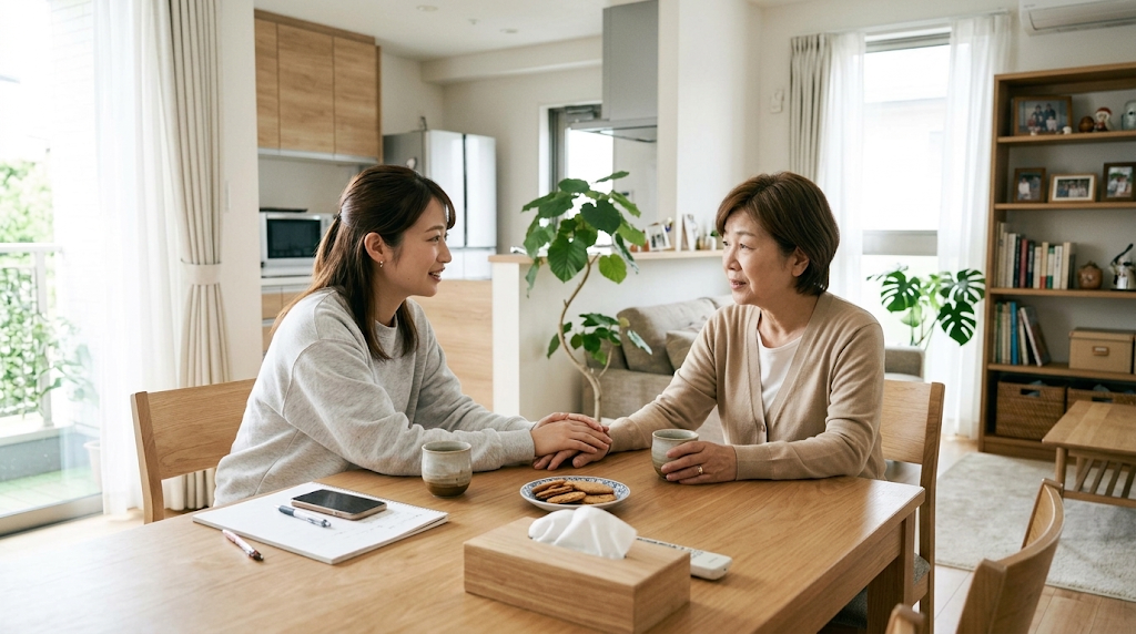 実家のリビングで母親と話すコンカフェキャスト