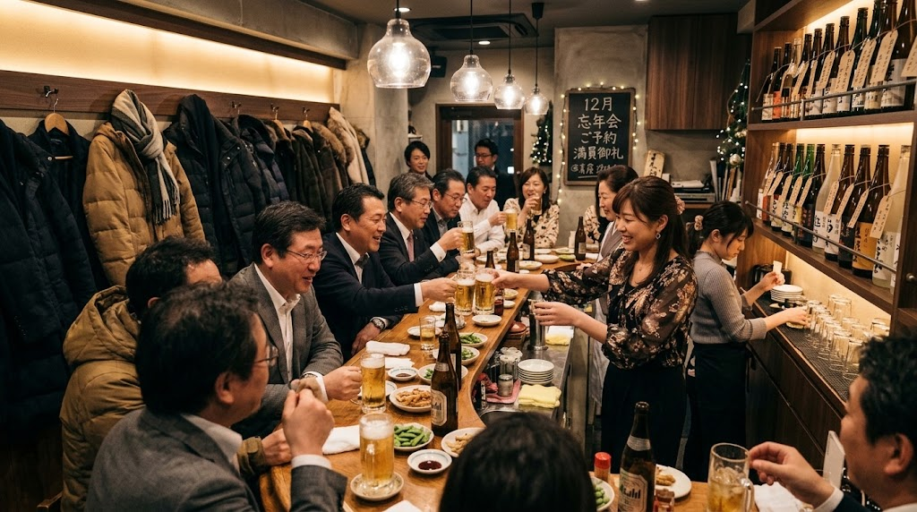 忘年会で賑わうスナックのカウンター