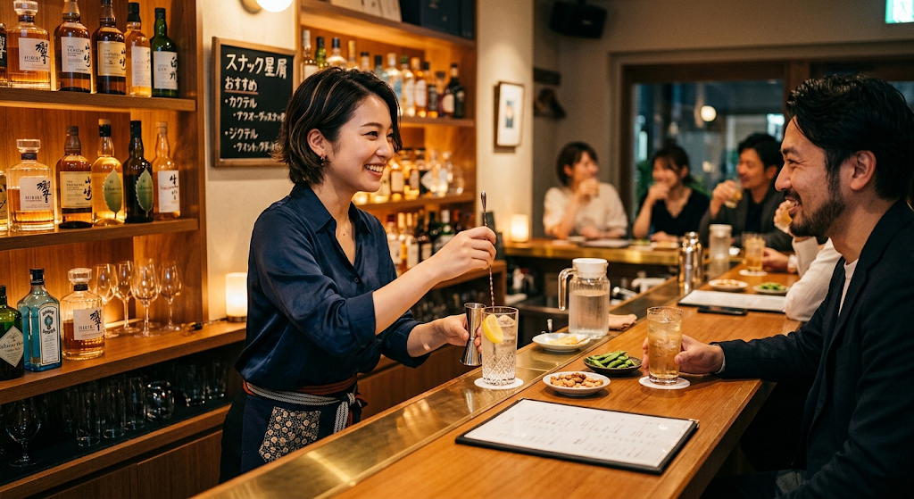 スナックのカウンターで接客するスタッフ